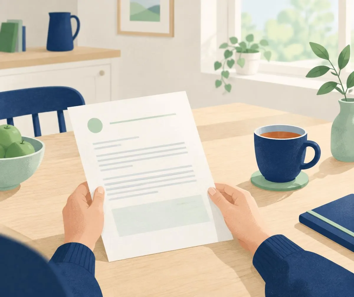 Une personne lit sereinement un document administratif